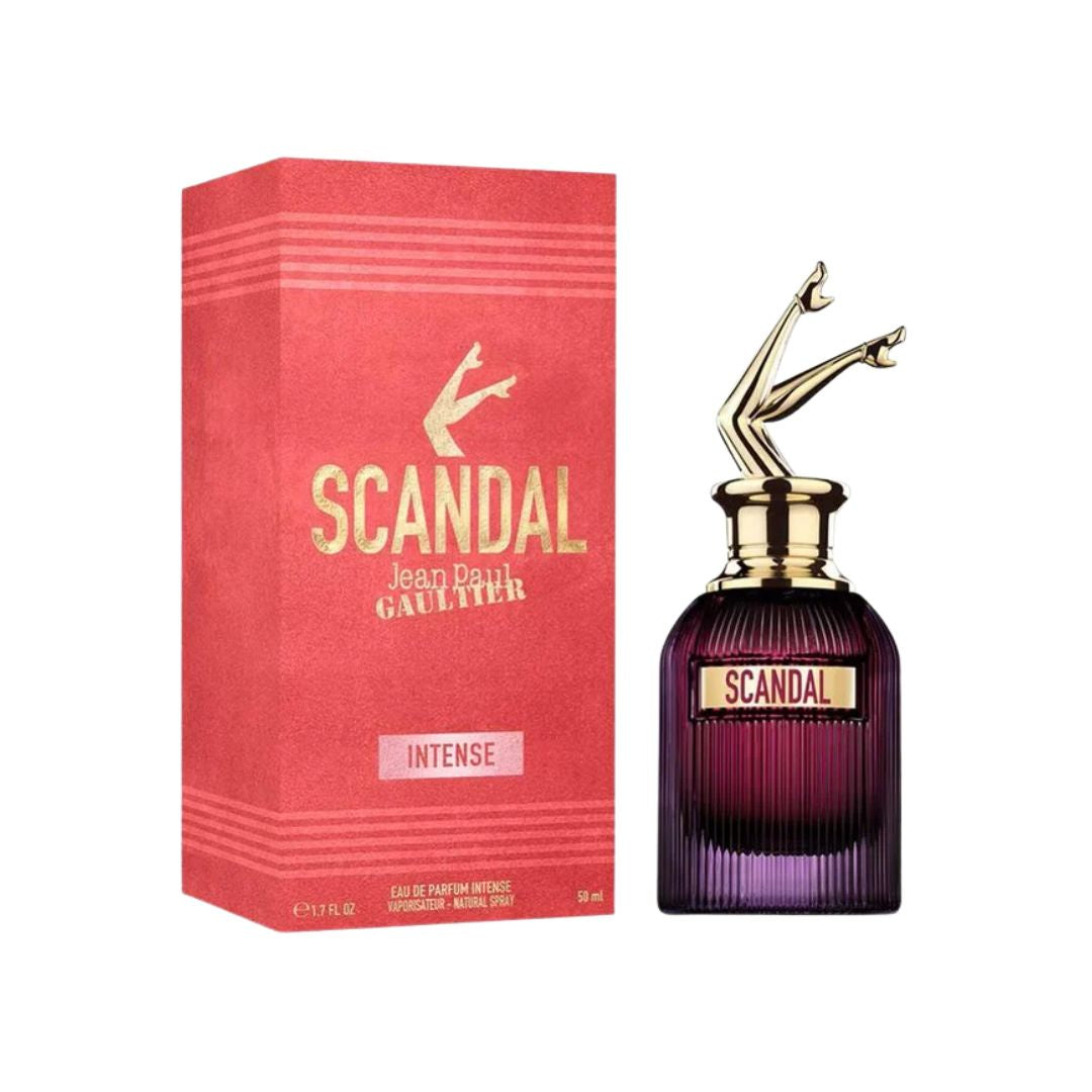Jean Paul Gaultier Scandal Intense EDP 50ml, a sleek, feminine bottle with legs in the air, suggesting a bold, spicy, and vanilla fragrance.