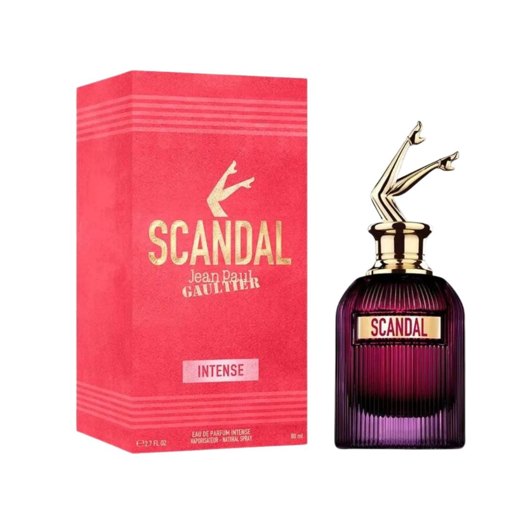 Jean Paul Gaultier Scandal Intense EDP 80ml, a sleek, feminine bottle with legs in the air, suggesting a bold, spicy, and vanilla fragrance.