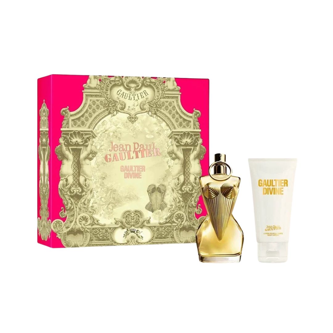 Jean Paul Gaultier Divine 50ml EDP 2 Piece Gift Set, featuring the iconic feminine torso-shaped bottle and a body lotion in a white and gold gift box.