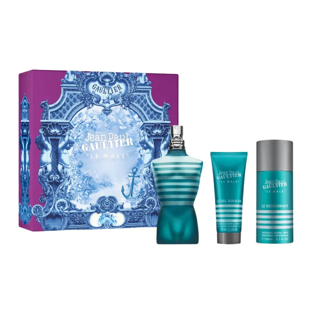 Jean Paul Gaultier Le Male 125ml EDT 3 Piece Gift Set, featuring the iconic torso-shaped bottle, a shower gel, and a deodorant spray in an elegant gift box.