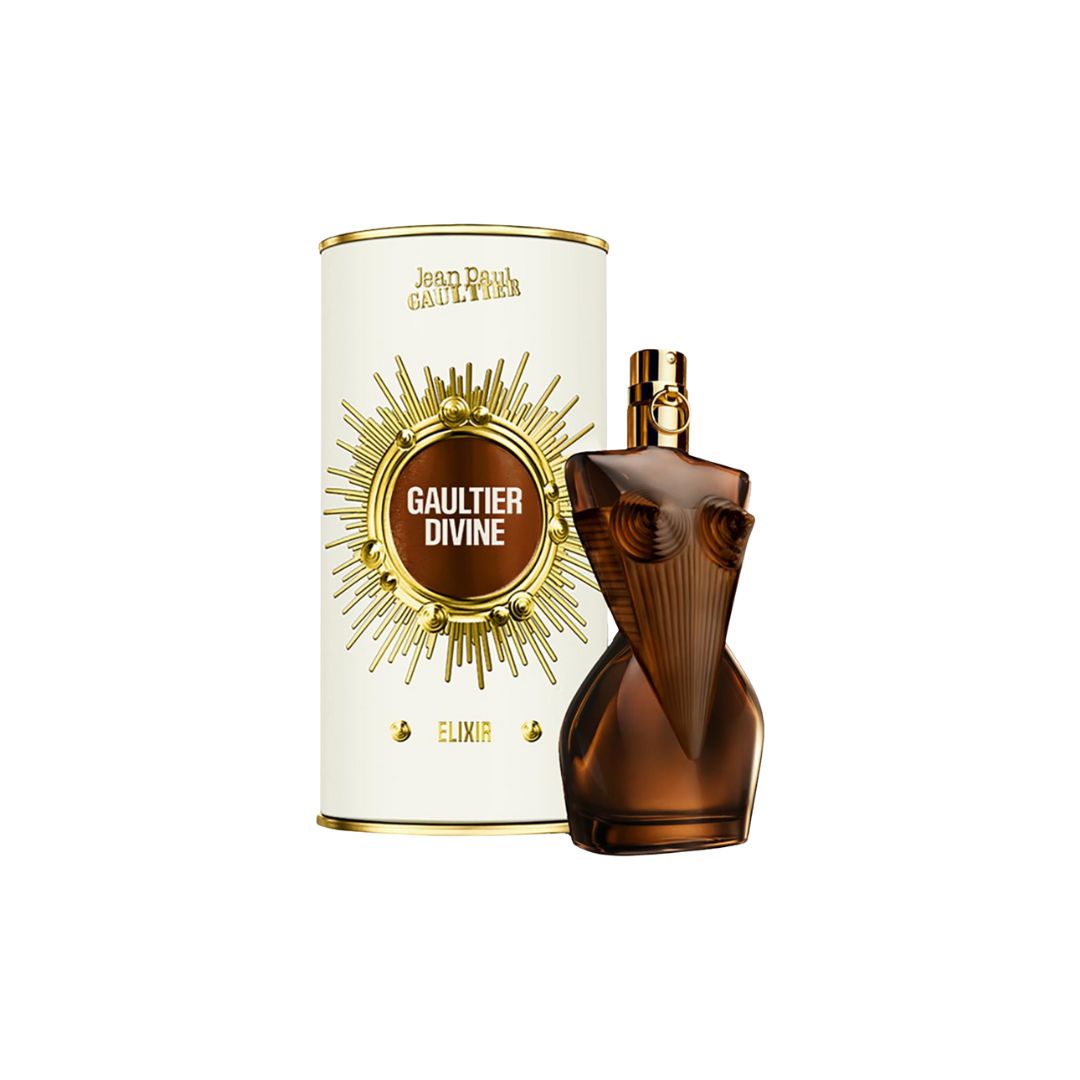 Jean Paul Gaultier Divine Elixir Parfum 30ml , a luxurious feminine torso bottle with a warm liquid, suggesting an intense, salty, and floral fragrance.