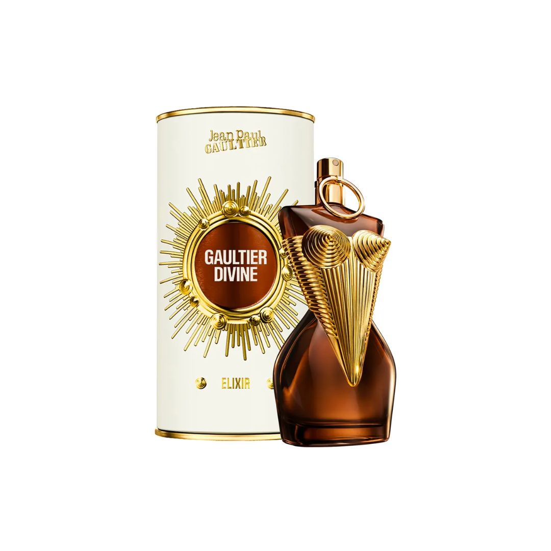 Jean Paul Gaultier Divine Elixir 50ml Parfum , a luxurious feminine torso bottle with a warm liquid, suggesting an intense, salty, and floral fragrance.