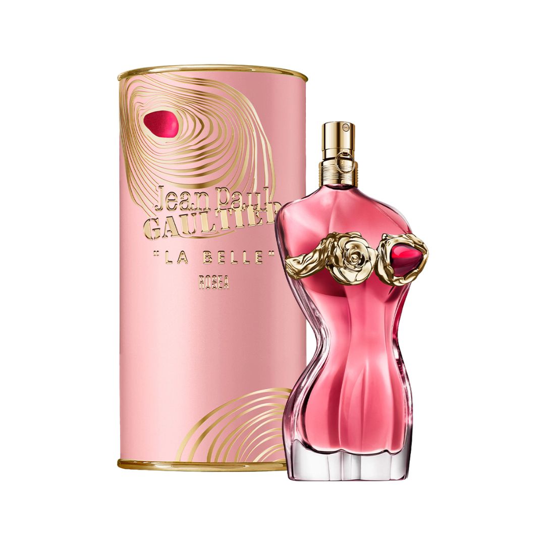 Jean Paul Gaultier La Belle Rosea EDP 100ml Pink perfume bottle with gold accents and matching packaging on a white background