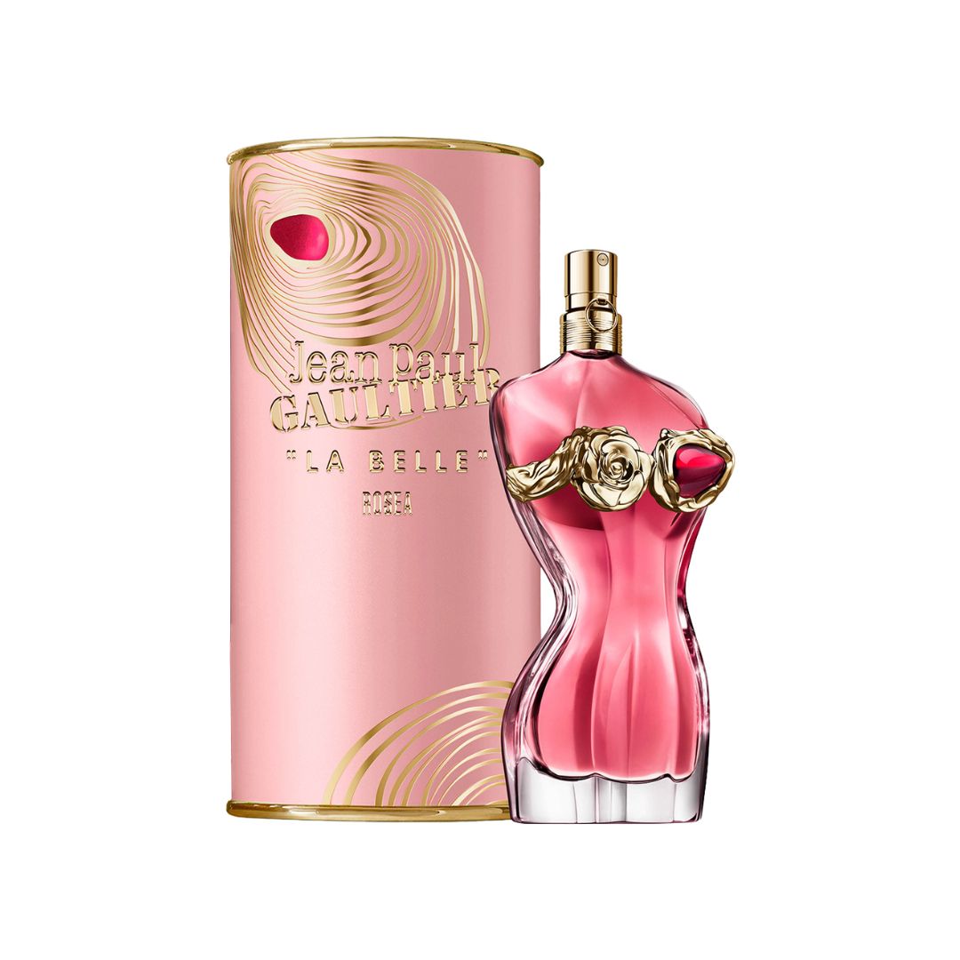 Jean Paul Gaultier La Belle Rosea EDP 50ml perfume bottle and packaging on a white background
