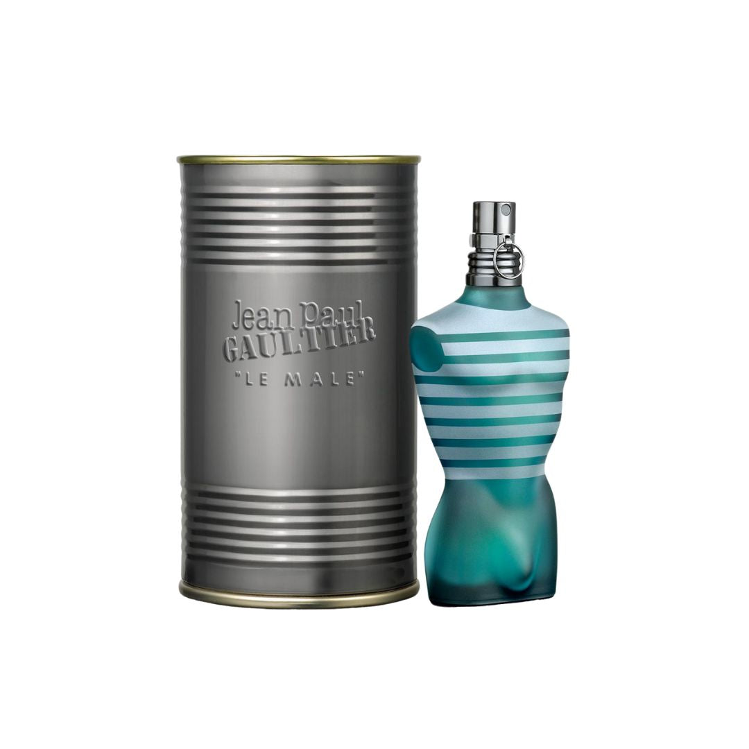 Jean Paul Gaultier Le Male 75ml EDT, the iconic torso-shaped bottle, suggesting a fresh, aromatic, and sensual masculine fragrance.