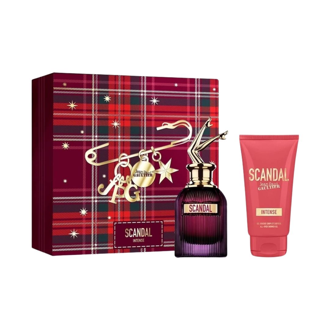 Jean Paul Gaultier Scandal Intense Parfum 50ml 2 Piece Gift Set with plaid box, bottle, and body lotion on a white background