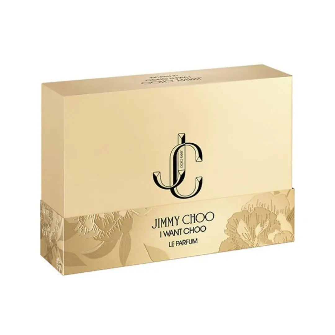 Jimmy Choo I Want Choo Le Parfum 3 Piece Gift Set, featuring a full-size bottle, travel spray, and body lotion, in an elegant Golden box in NZ