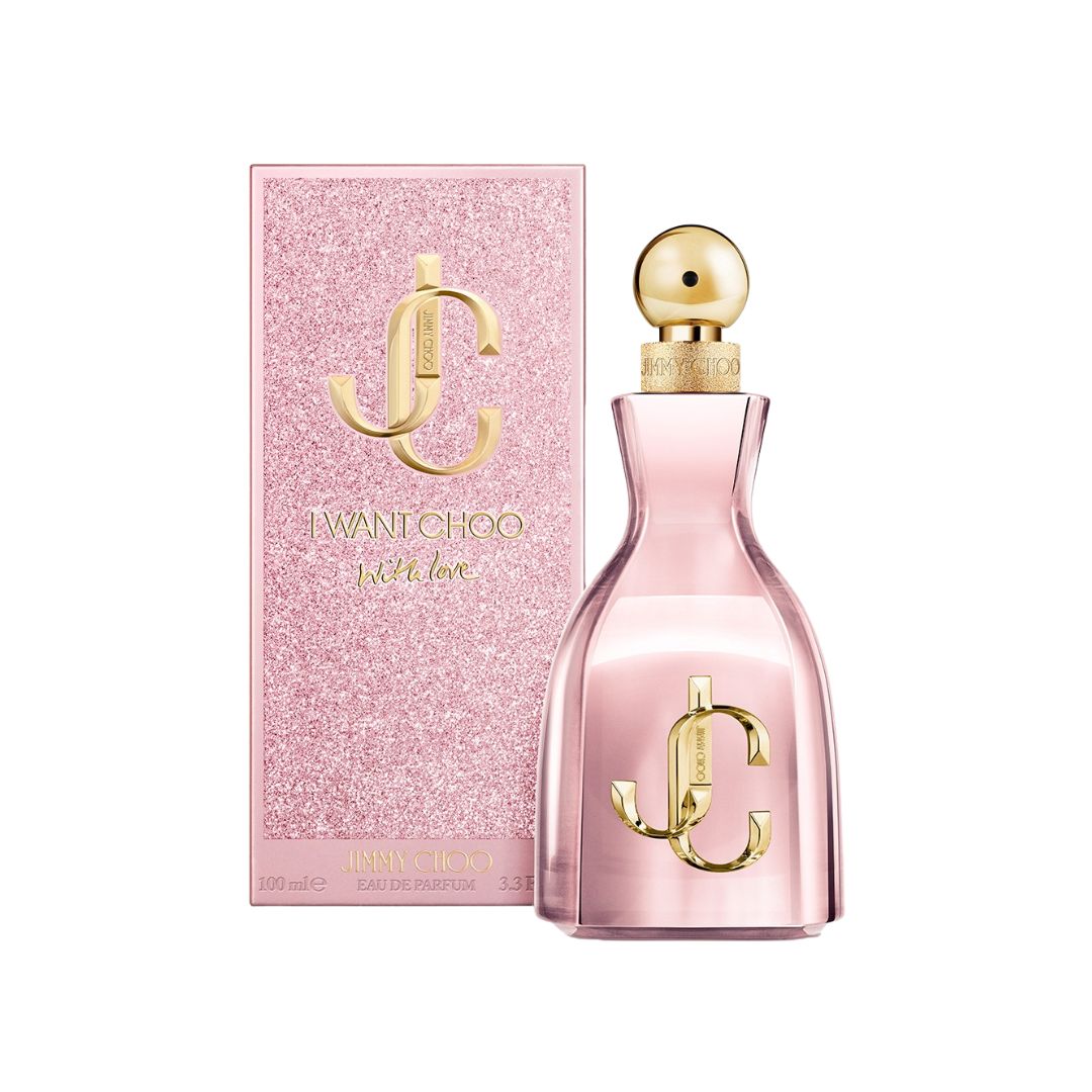 Jimmy Choo I Want Choo With Love EDP 100ml, a glamorous, rounded glass bottle featuring a festive gold cap and suggesting a vibrant, fruity-floral, and musky feminine scent.