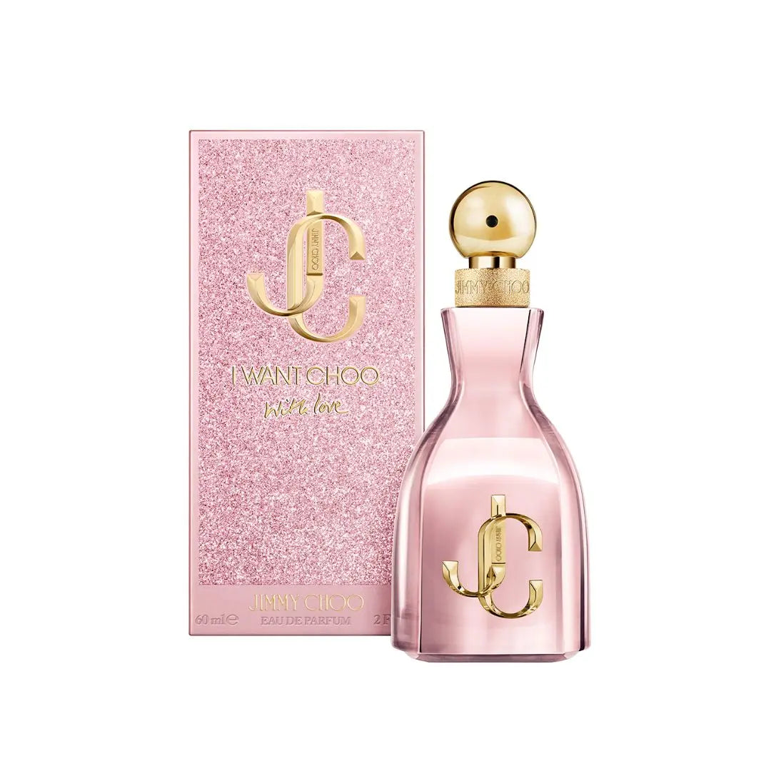 Jimmy Choo I Want Choo With Love EDP 60ml, a glamorous, rounded glass bottle featuring a festive gold cap and suggesting a vibrant, fruity-floral, and musky feminine scent.