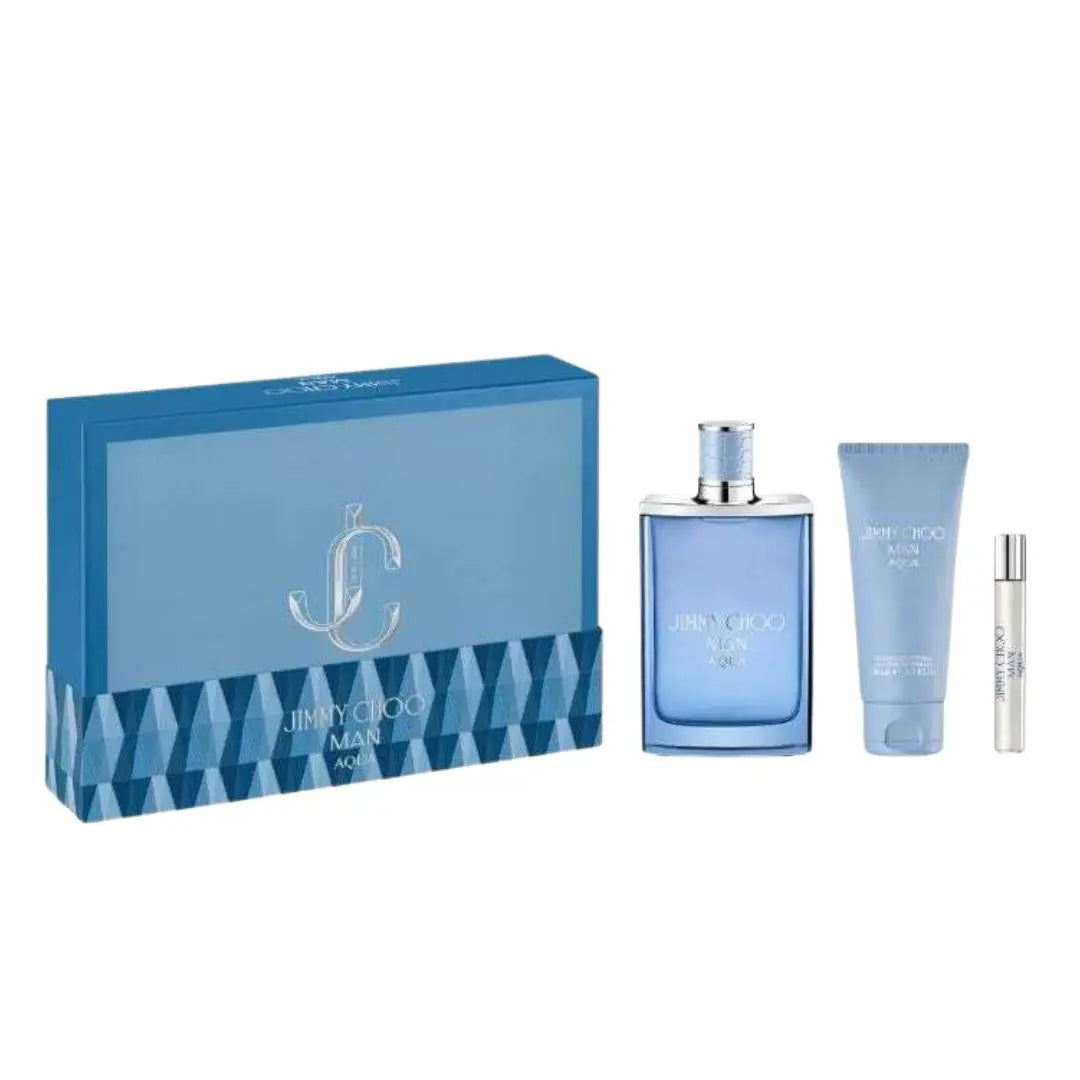 Jimmy Choo Man Aqua 100ml EDT 3 Piece Gift Set, featuring the cool blue flask-shaped bottle, a shower gel, and a travel spray in a sleek gift box.