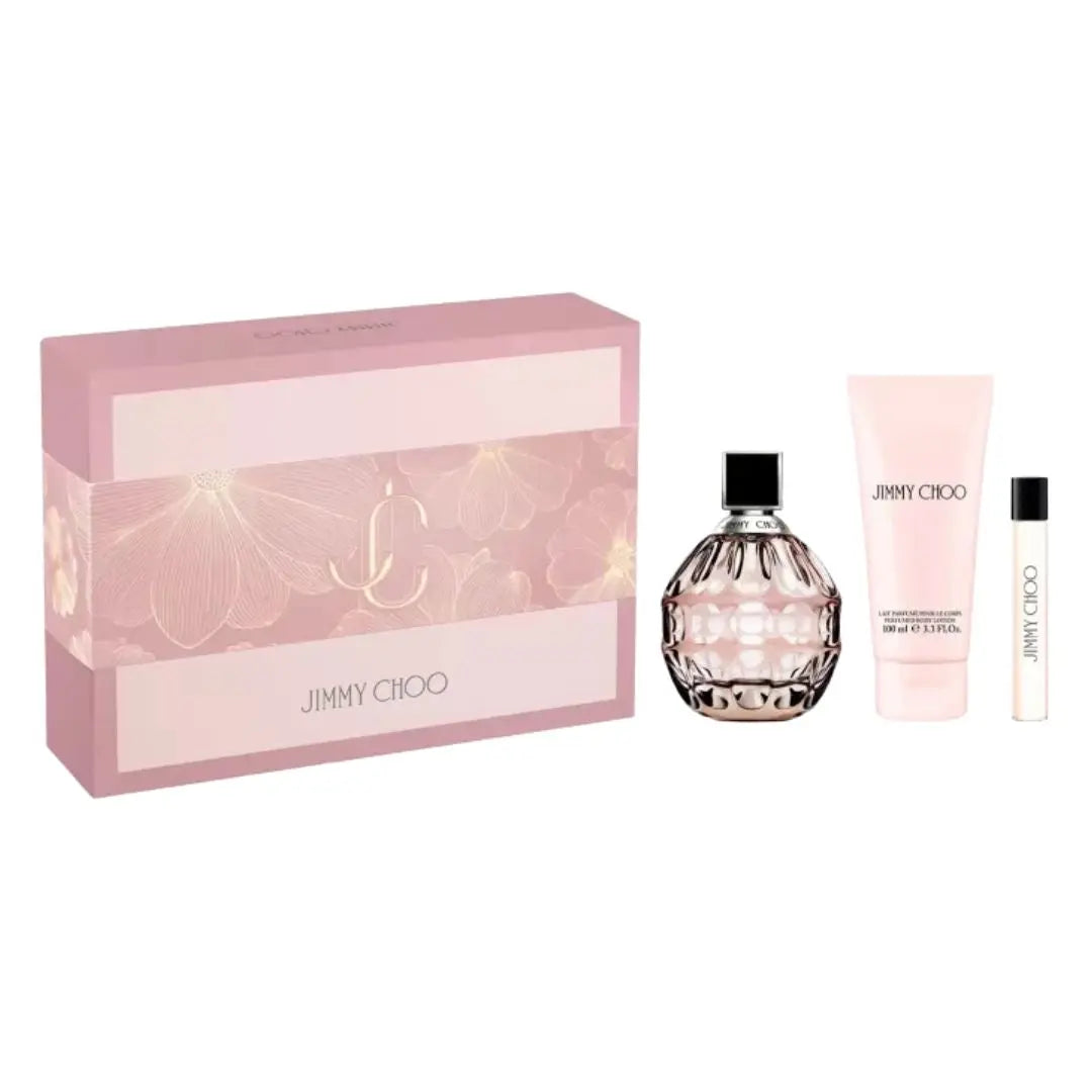 Jimmy Choo EDP 100ml 3 Piece Gift Set, featuring the faceted bottle, a body lotion, and a travel spray in an elegant gift box.
