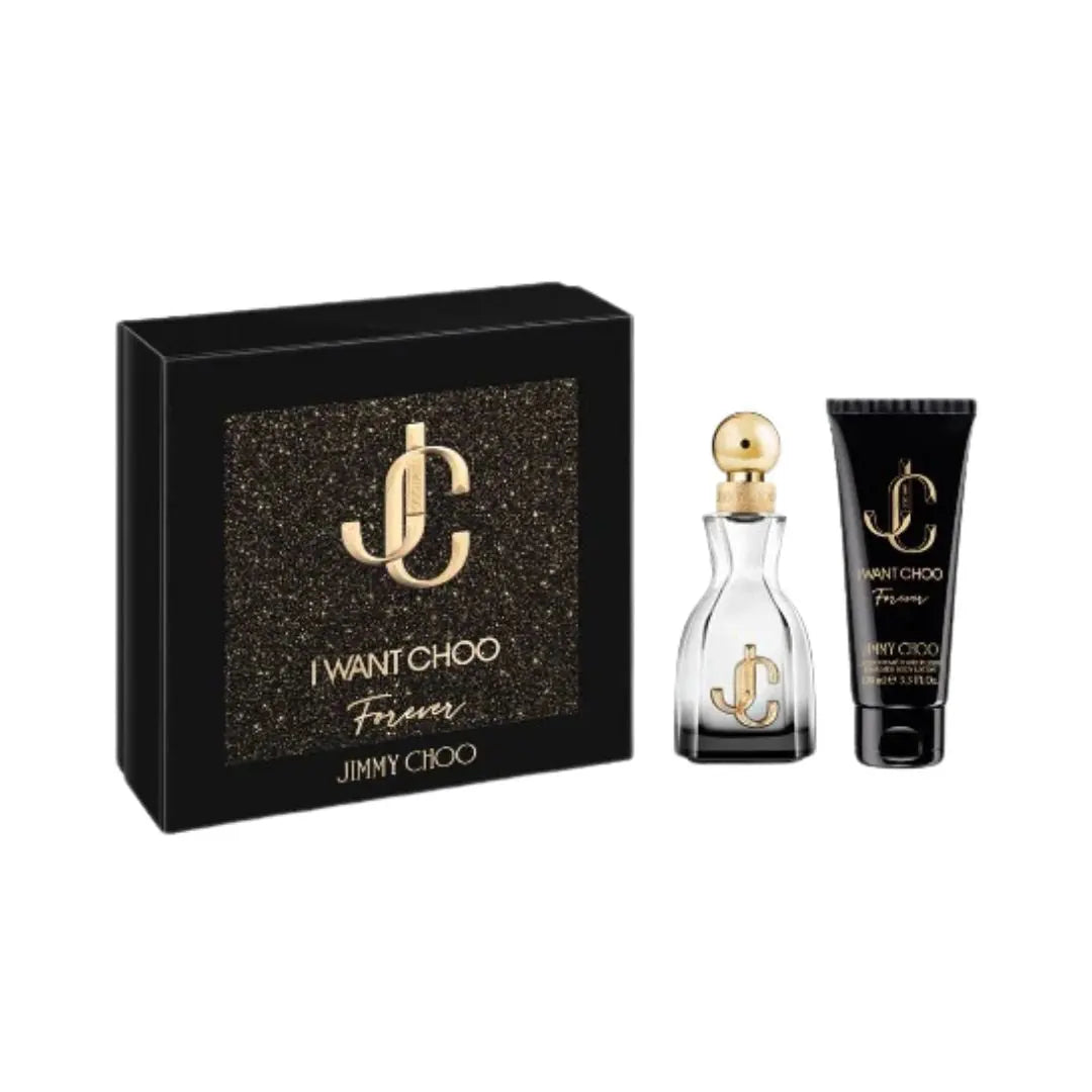 Jimmy Choo I Want Choo Forever EDP 60ml 2 Piece Gift Set with black box, bottle, and tube on a white background