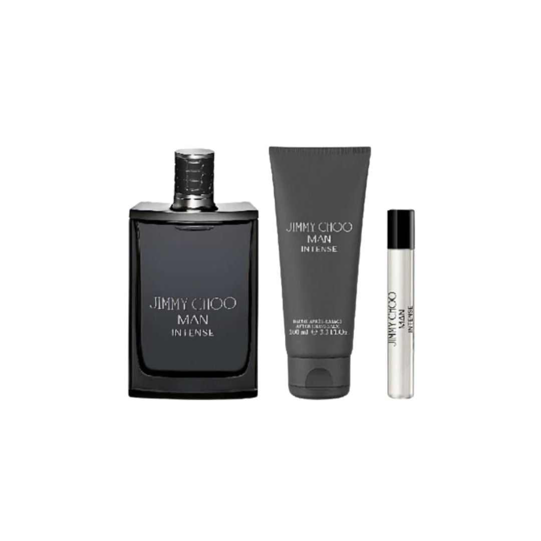 Jimmy Choo Man Intense 100ml EDT 3 Piece Gift Set, featuring a bottle, miniature, and shower gel in a sleek black box in NZ