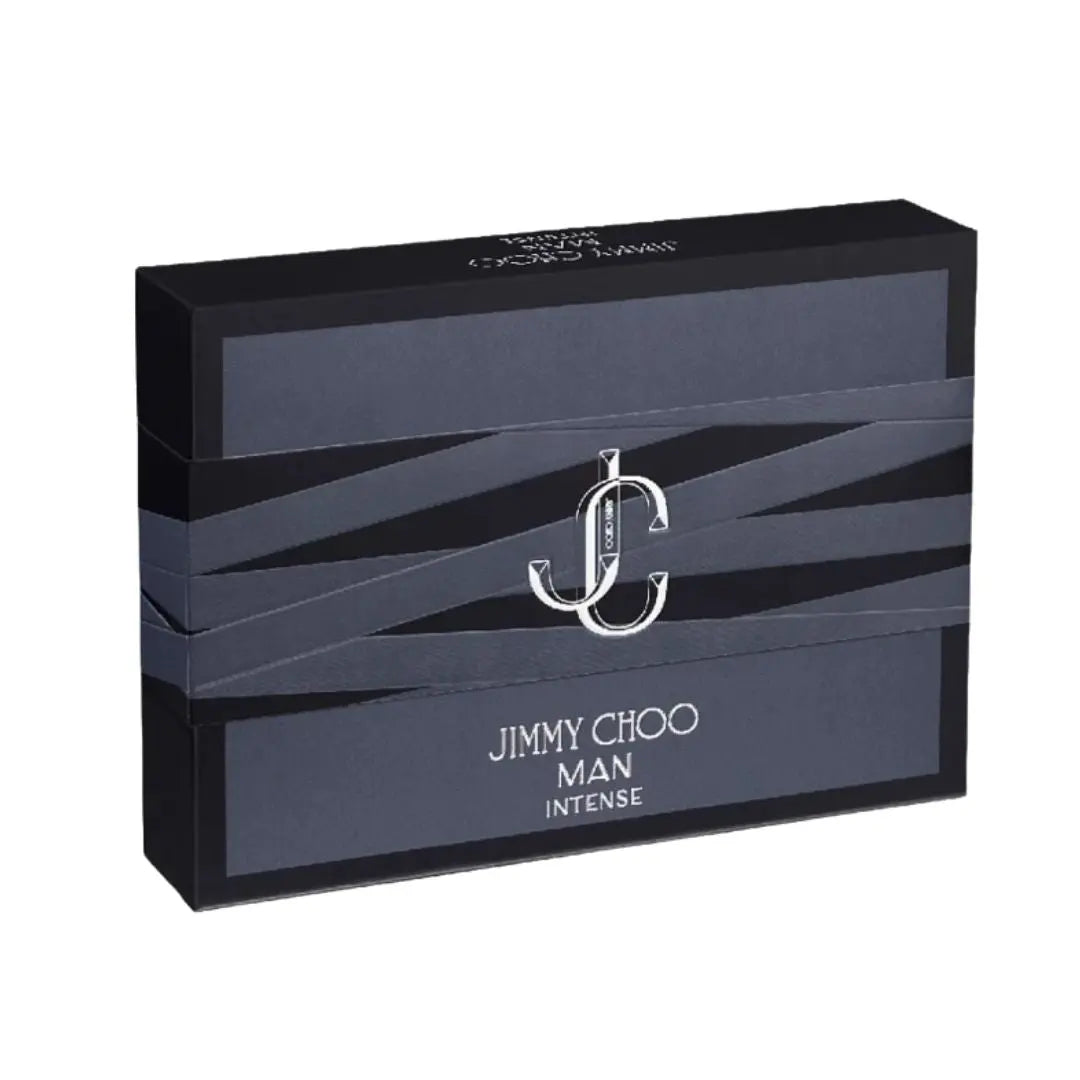 Jimmy Choo Man Intense 100ml EDT 3 Piece Gift Set, featuring a bottle, miniature, and shower gel in a sleek black box in NZ
