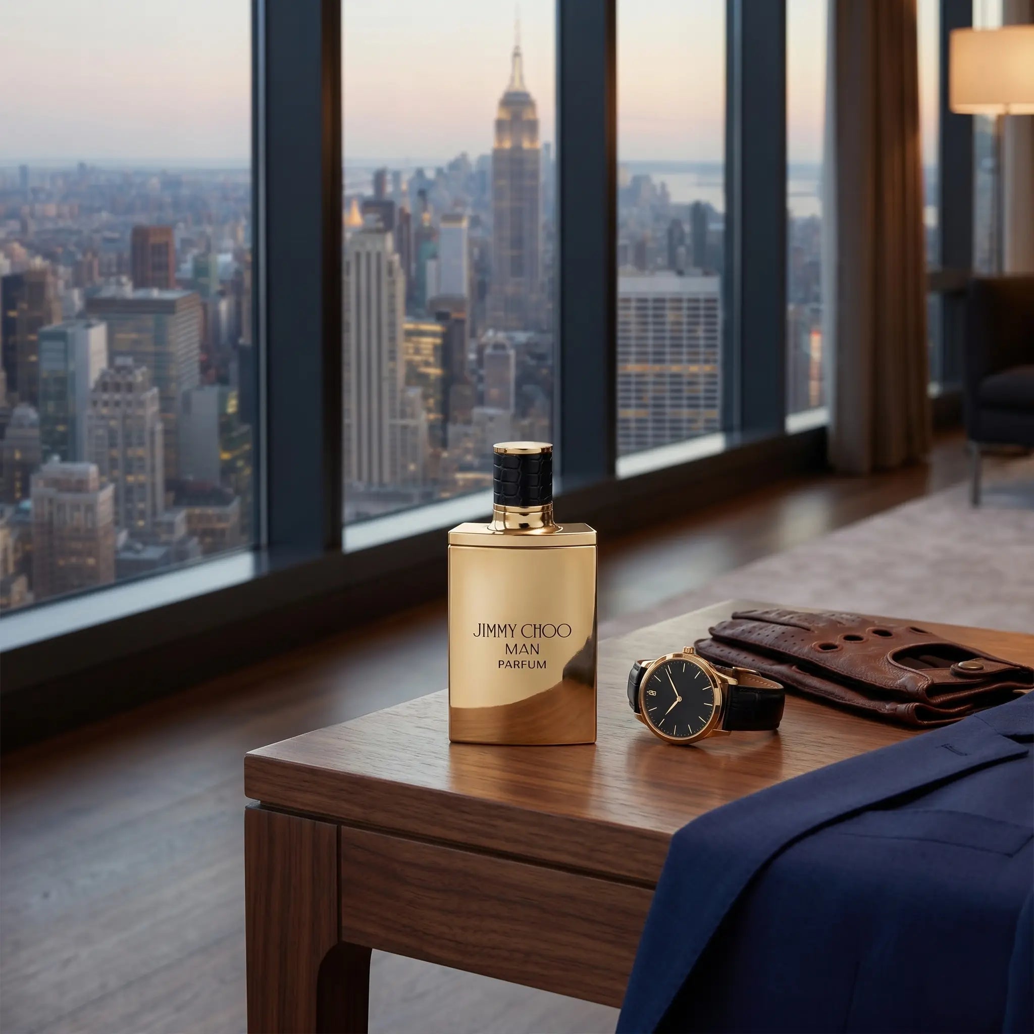 Jimmy Choo Man Parfum bottle in a luxury city setting