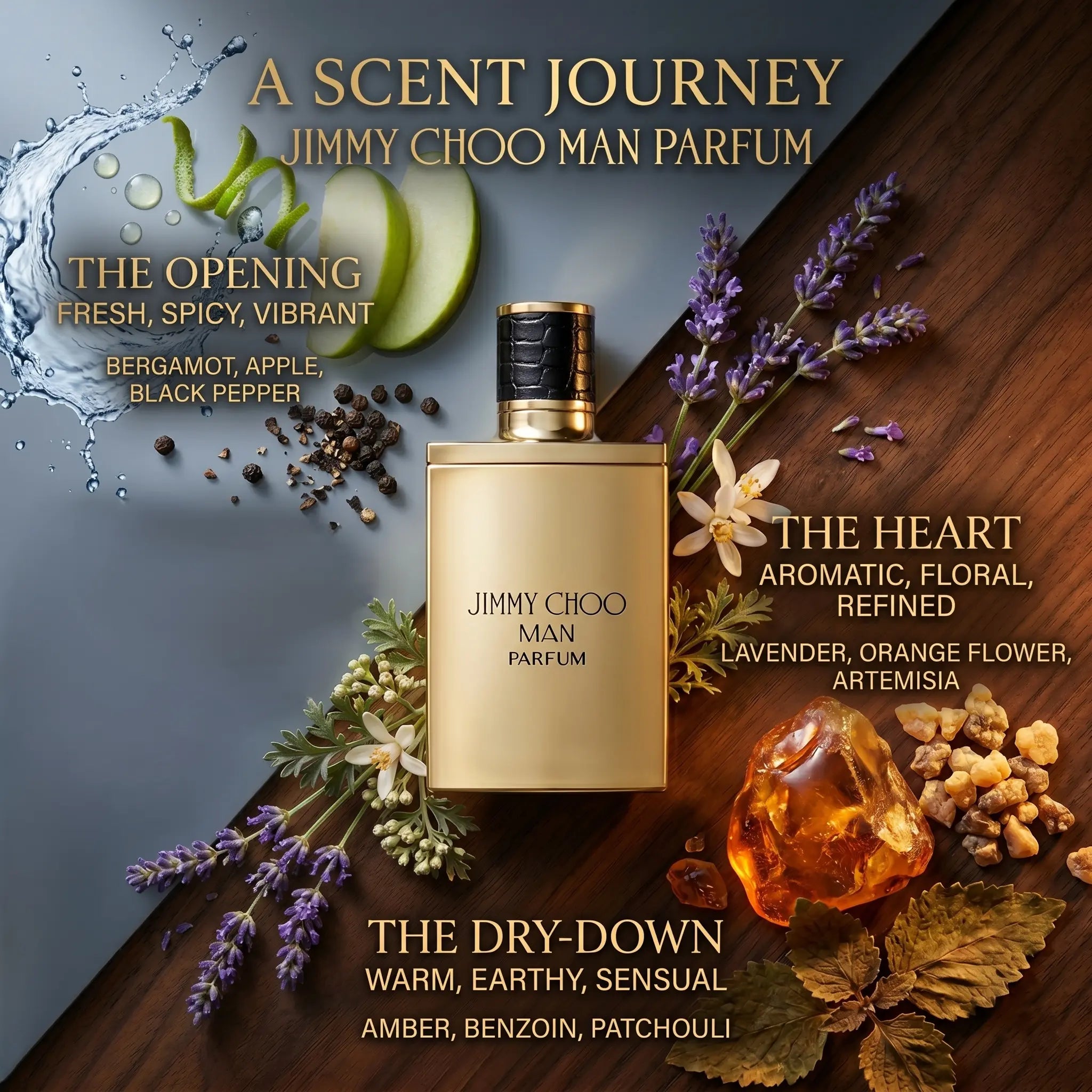 Jimmy Choo Man Parfum scent journey with bergamot, apple, lavender, amber and patchouli