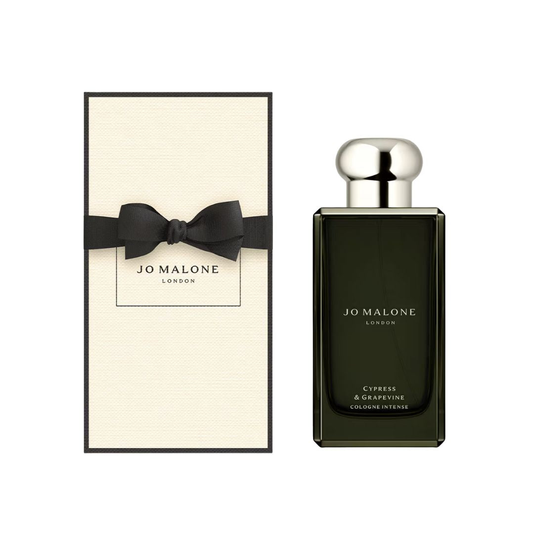 Jo Malone Cypress & Grapevine Cologne Intense 100ml, a sleek, dark glass bottle with a minimalist label, suggesting a fresh, woody, and aromatic unisex fragrance in NZ