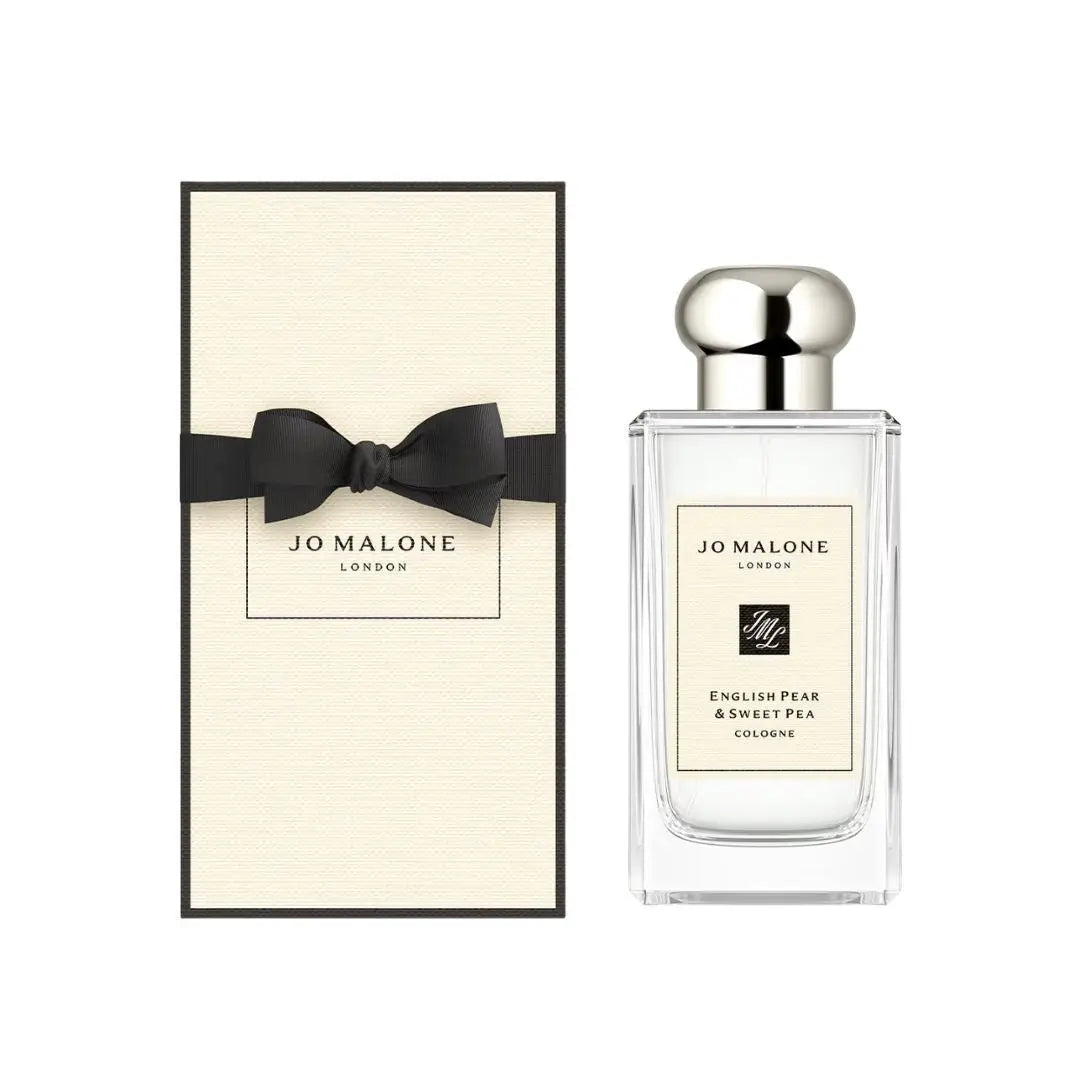Jo Malone English Pear & Sweet Pea Cologne 100ml, a classic transparent bottle with a silver cap and a minimalist label, suggesting a fresh, fruity, and floral fragrance.