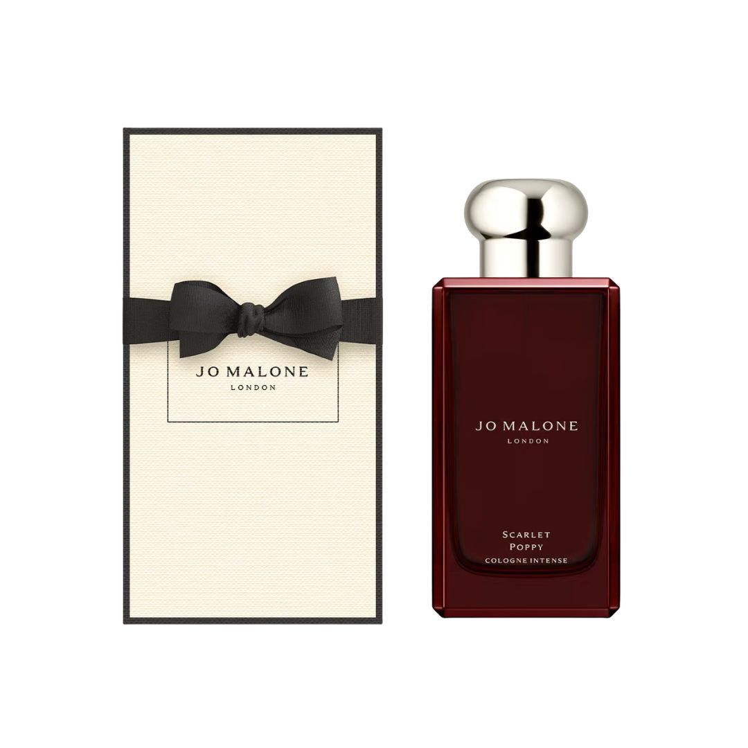 Jo Malone Scarlet Poppy Cologne Intense 100ml, a sleek, dark glass bottle with a minimalist label, suggesting a bold, floral, and warm fragrance in NZ