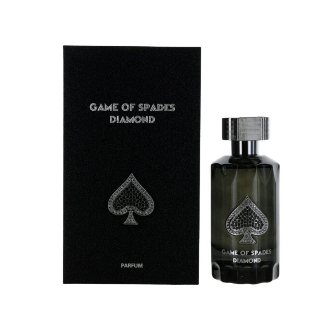 Jo Milano Game of Spades Diamond 100ml Parfum, a luxurious bottle, suggesting a rich, warm, boozy, and gourmand unisex fragrance in NZ