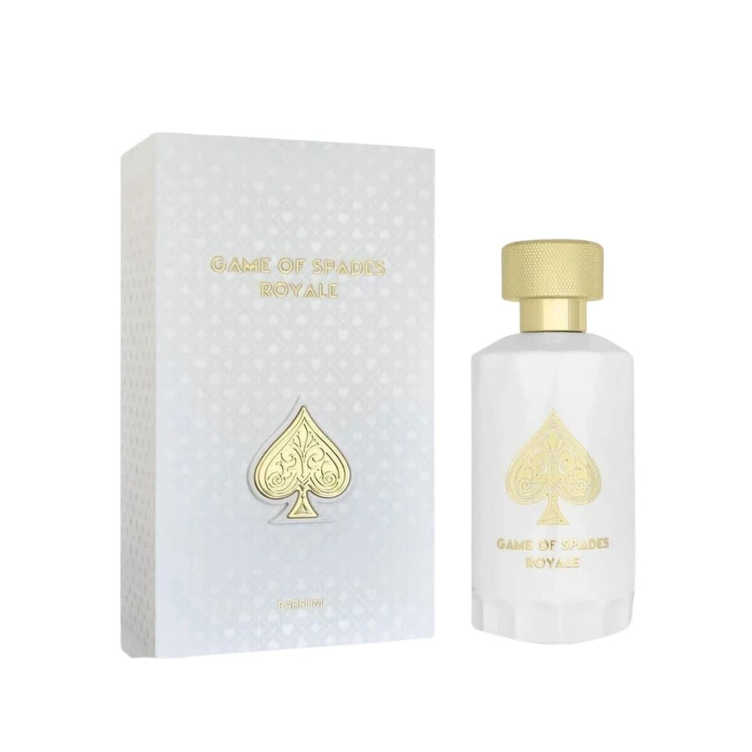 Jo Milano Game of Spades Royale 100ml Parfum, a luxurious bottle with a rich-toned liquid, suggesting a warm, gourmand, and elegant fragrance in NZ