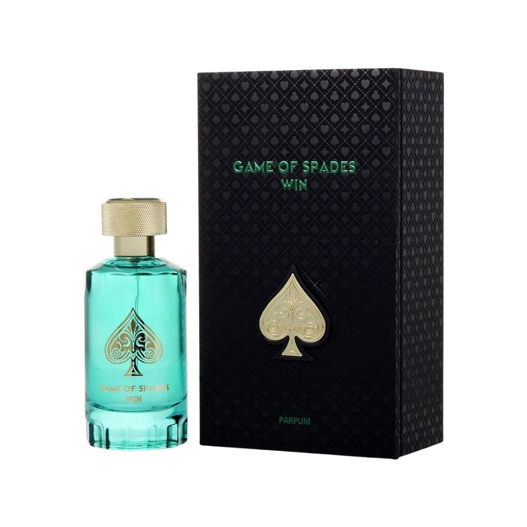 Jo Milano Game of Spades Win 100ml Parfum, a luxurious bottle, suggesting a vibrant, fruity-floral, and gourmand unisex fragrance in NZ