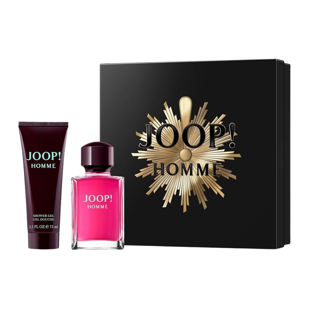 Joop! Homme EDT perfume set with pink bottle and black box on a white background