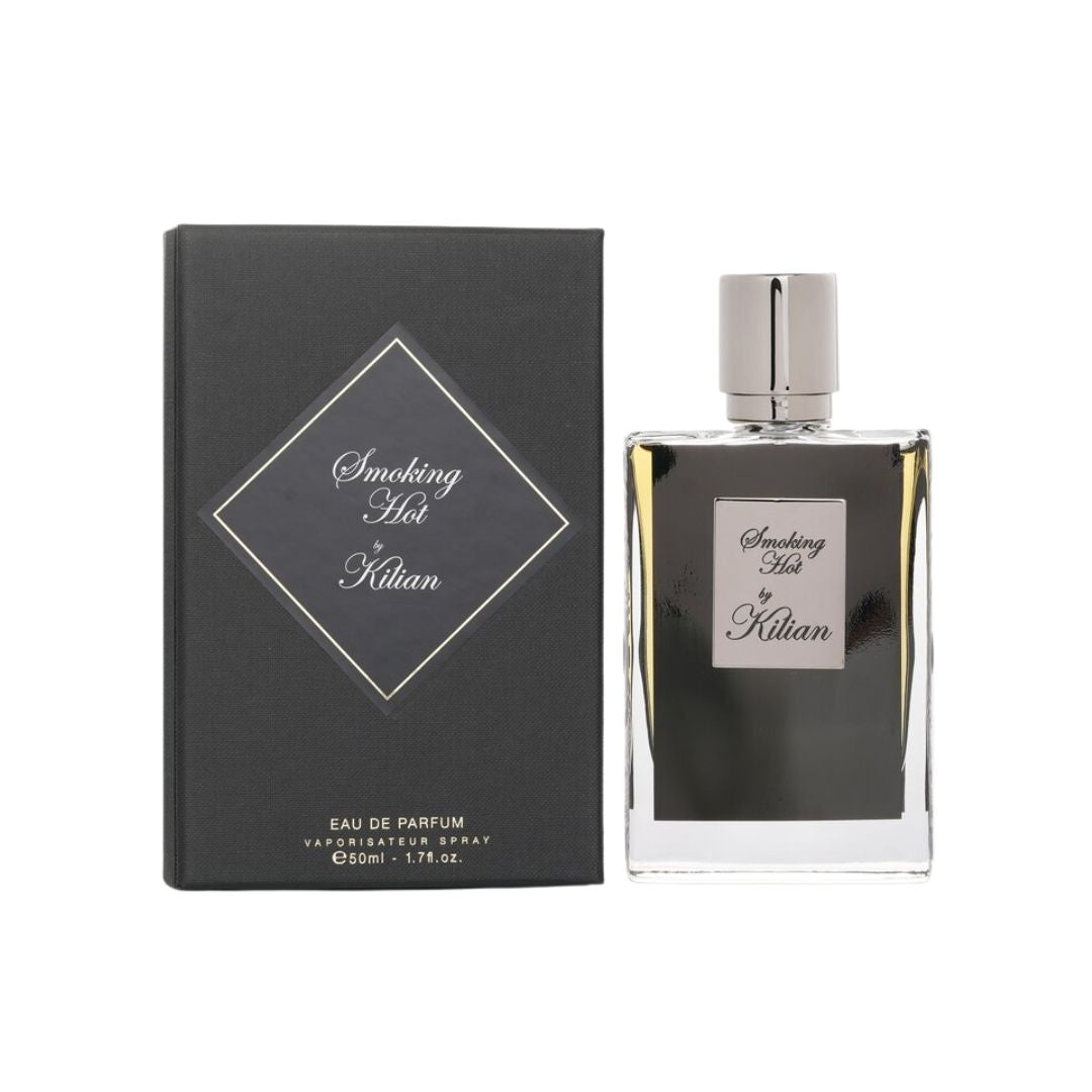 Kilian Smoking Hot EDP 50ml Perfume bottle and packaging of 'Smoking Hot by Kilian' on a white background