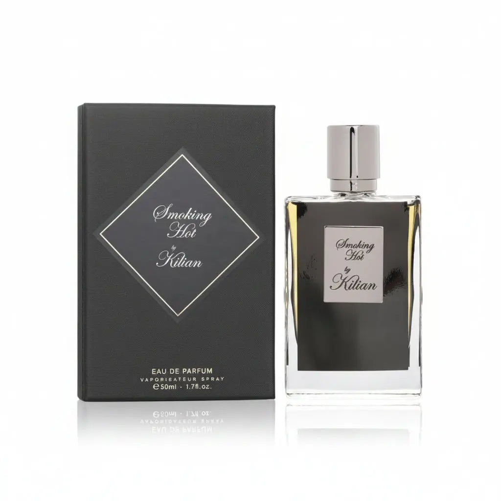 Kilian Smoking Hot EDP 50ml Perfume bottle and packaging of 'Smoking Hot by Kilian' on a white background