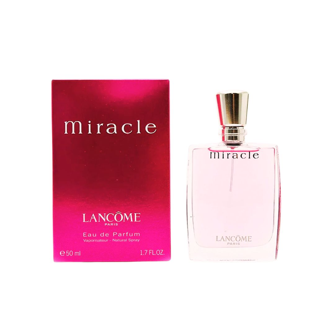 Lancome Miracle 50ml EDP, a classic, clear pink bottle, suggesting a bright, spicy-floral, and uplifting feminine fragrance.