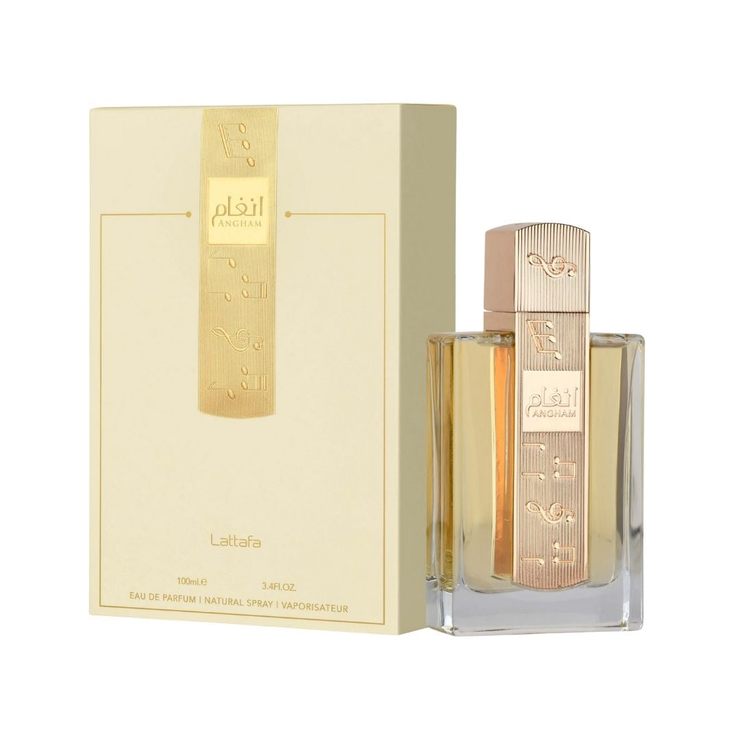 Lattafa Angham 100ml EDP, a modern bottle, suggesting a warm, spicy, and gourmand unisex fragrance in NZ