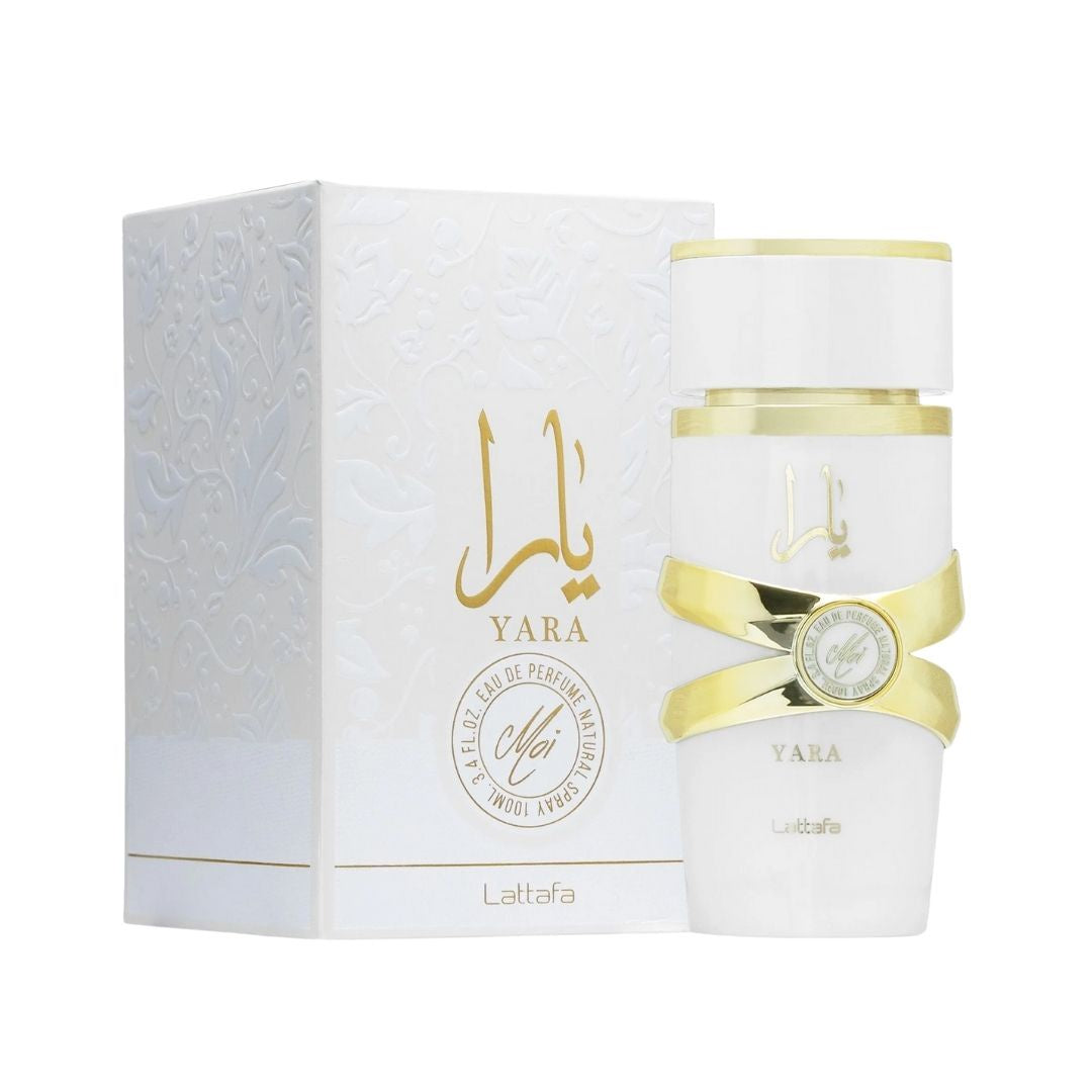 Lattafa Yara Moi 100ml EDP, a sleek, elegantly designed bottle, suggesting a sweet, fruity-floral, and warm feminine fragrance in NZ