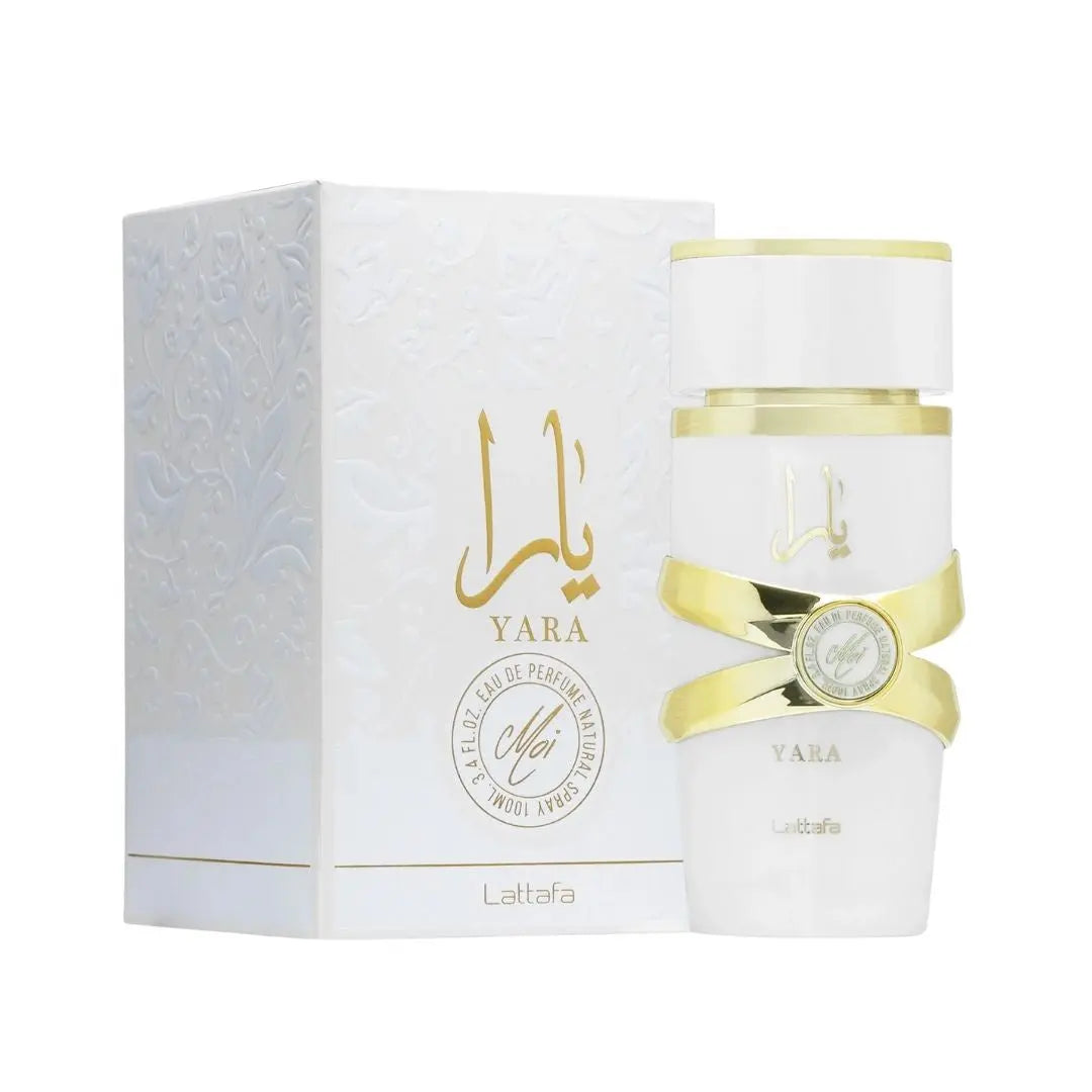 Lattafa Yara Moi 100ml EDP, a sleek, elegantly designed bottle, suggesting a sweet, fruity-floral, and warm feminine fragrance in NZ