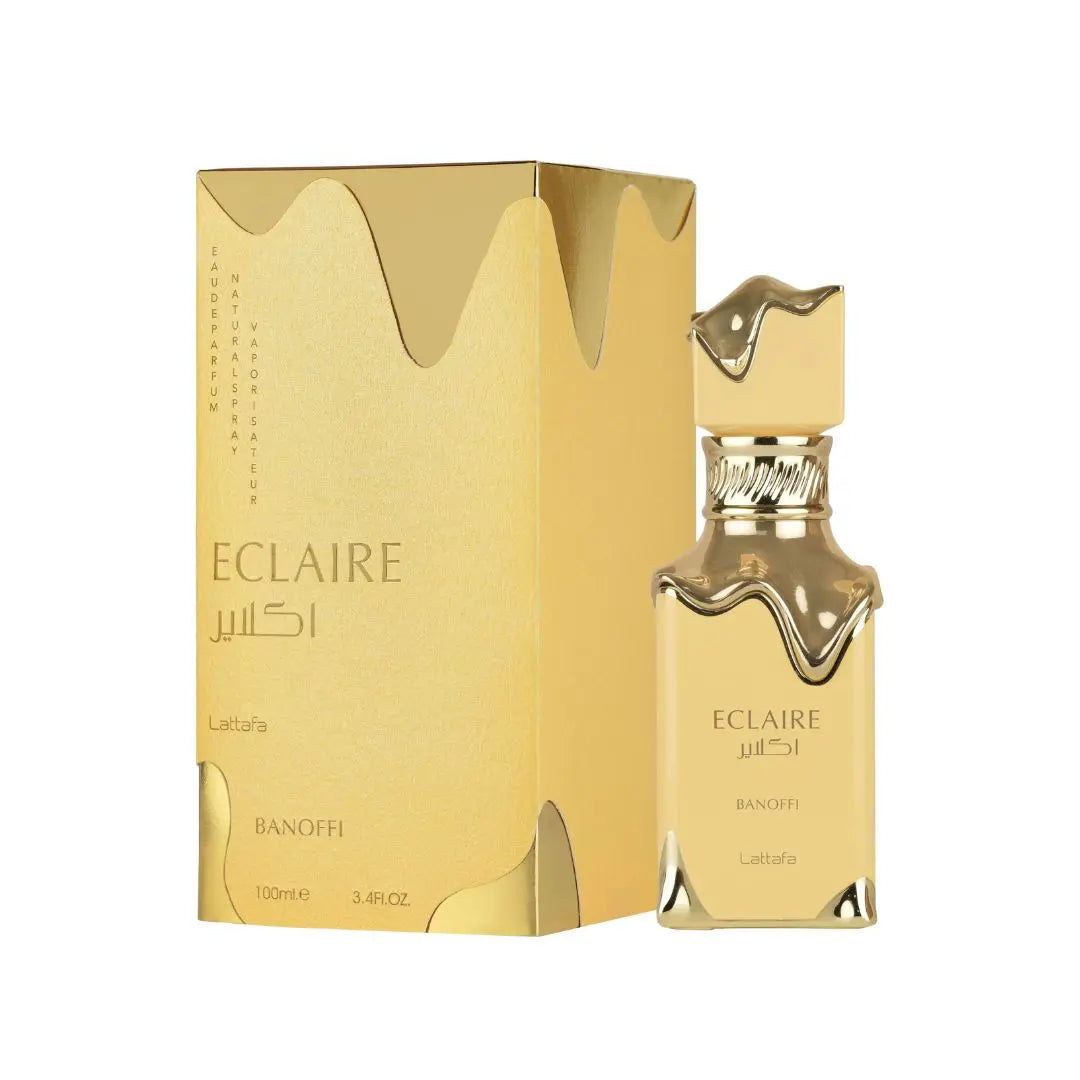 Lattafa Eclaire Banoffi EDP 100ml, a sleek, modern, light-coloured bottle suggesting a rich, sweet, and highly addictive gourmand scent dominated by banana and caramel notes.