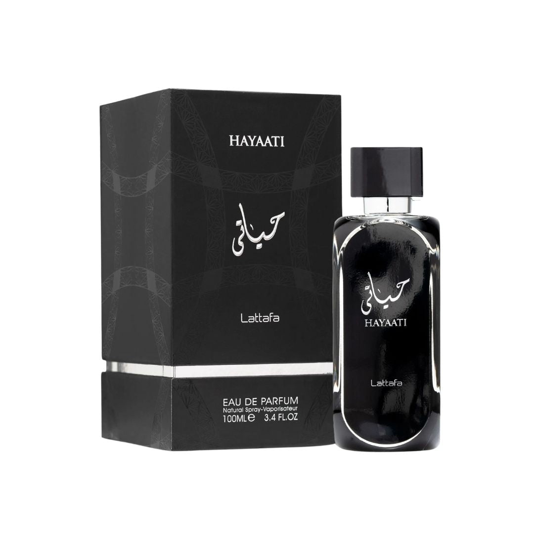 Lattafa Hayaati EDP 100ml, an imposing black and silver bottle suggesting a smooth, warm, spicy, and inviting woody scent for men.