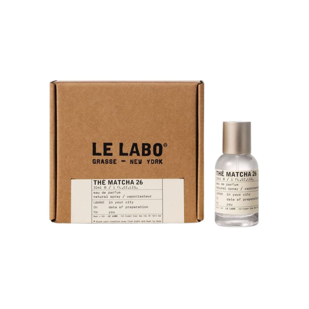 Le Labo The Matcha 26 EDP 30ml, a minimalist amber glass bottle with a classic label, suggesting a fresh, green, tea-inspired unisex fragrance in NZ