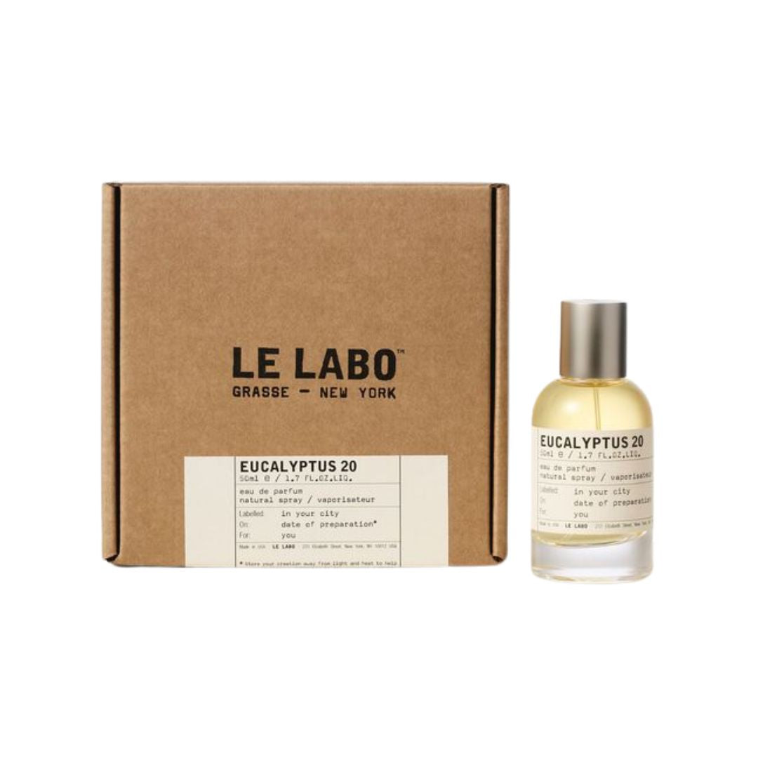 Le Labo Eucalyptus 20 EDP 50ml, a minimalist amber glass bottle with a classic label, suggesting a fresh, aromatic, and woody unisex fragrance in NZ