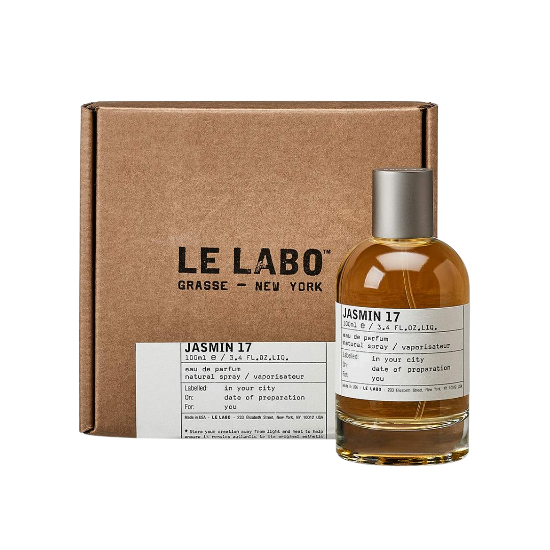 Le Labo Jasmin 17 EDP 100ml, a minimalist amber glass bottle with a classic label, suggesting a modern, sensual jasmine floral unisex fragrance.