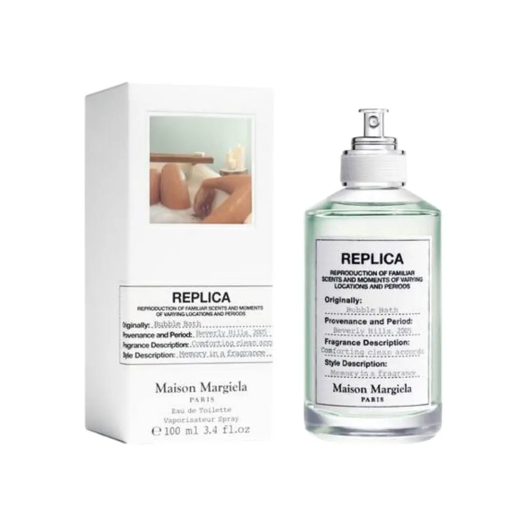 Maison Margiela Replica Bubble Bath 100ml EDT, a clear bottle with a white label & silver cap, evokes a fresh, clean, soapy scent in NZ