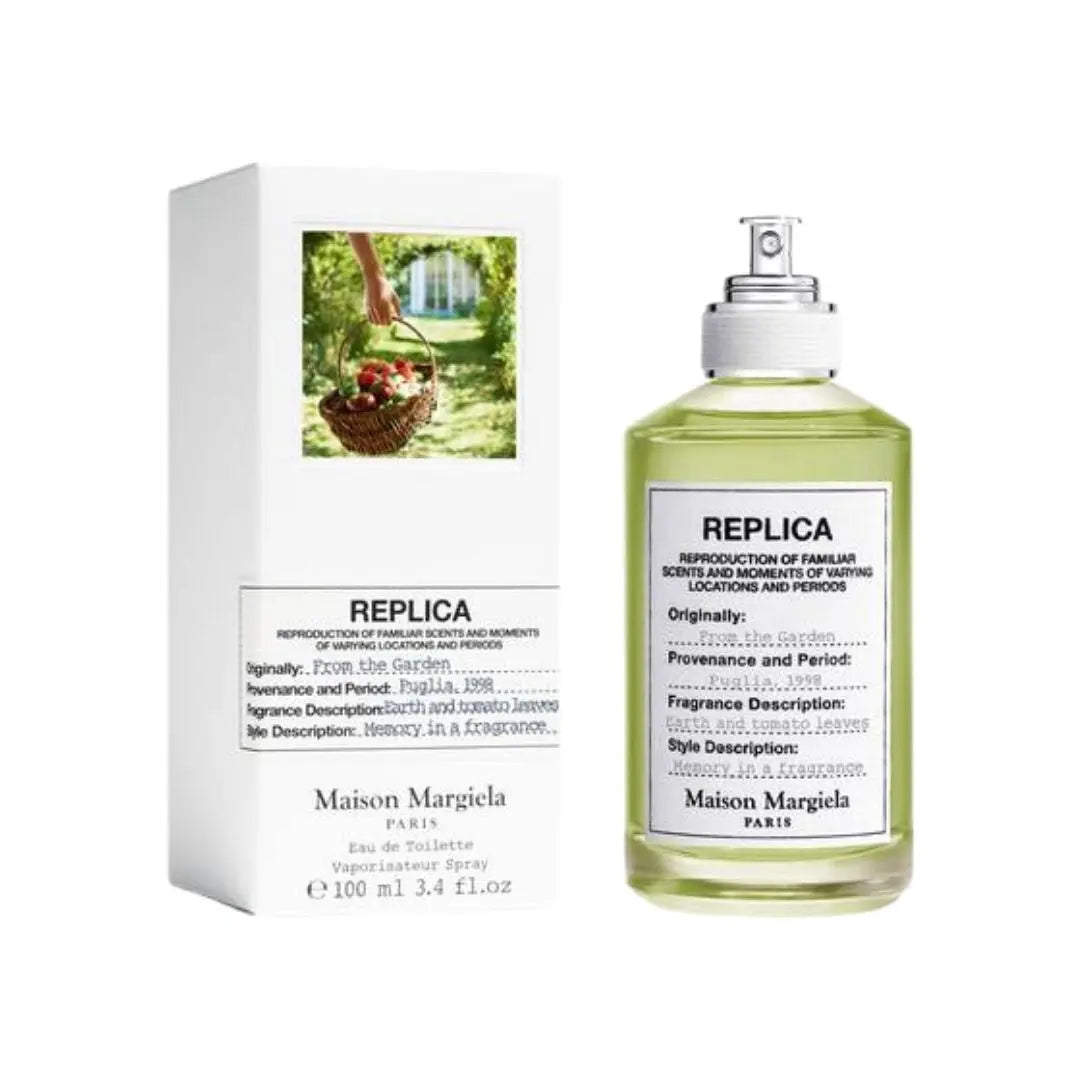 Maison Margiela Replica From The Garden 100ml EDT, a clear bottle with a green liquid, evoking a fresh, earthy garden scent in NZ