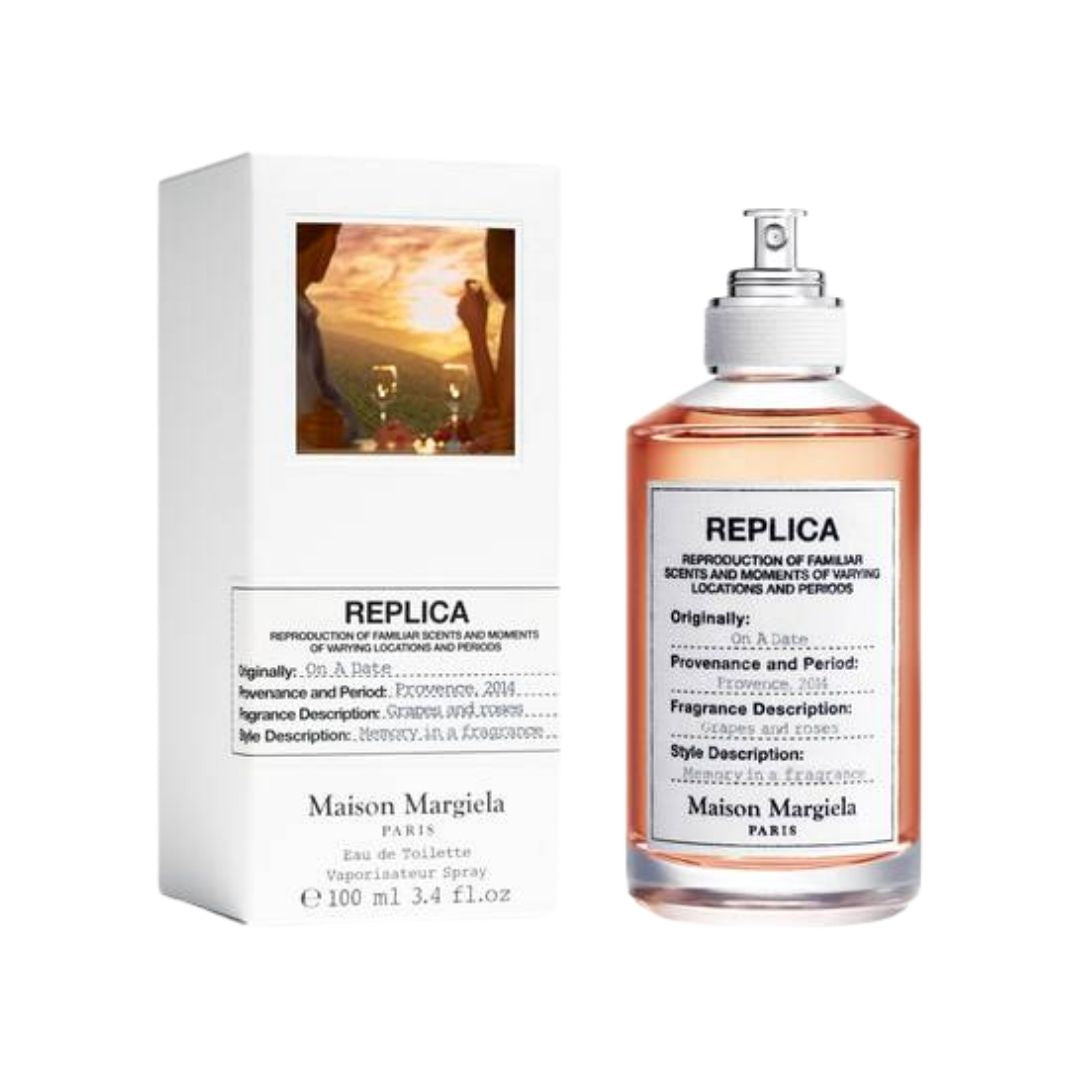 Maison Margiela Replica On A Date 100ml EDT, a clear bottle with a pinkish liquid, evoking a romantic, evening fragrance in NZ