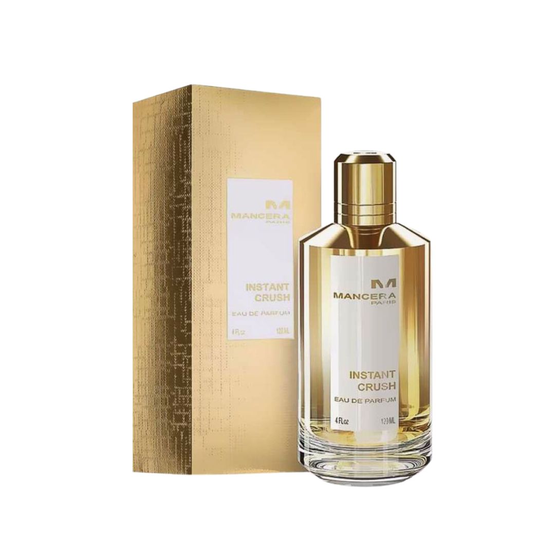 Mancera Instant Crush 120ml EDP, a sleek gold bottle suggesting an intense, spicy, warm, and highly addictive unisex fragrance.
