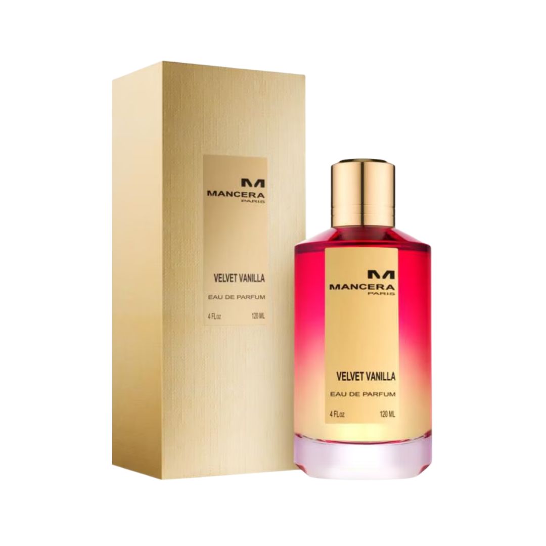 Mancera Velvet Vanilla 120ml EDP, a sleek glass bottle suggesting a lush, sweet, white floral, and intensely warm vanilla fragrance.