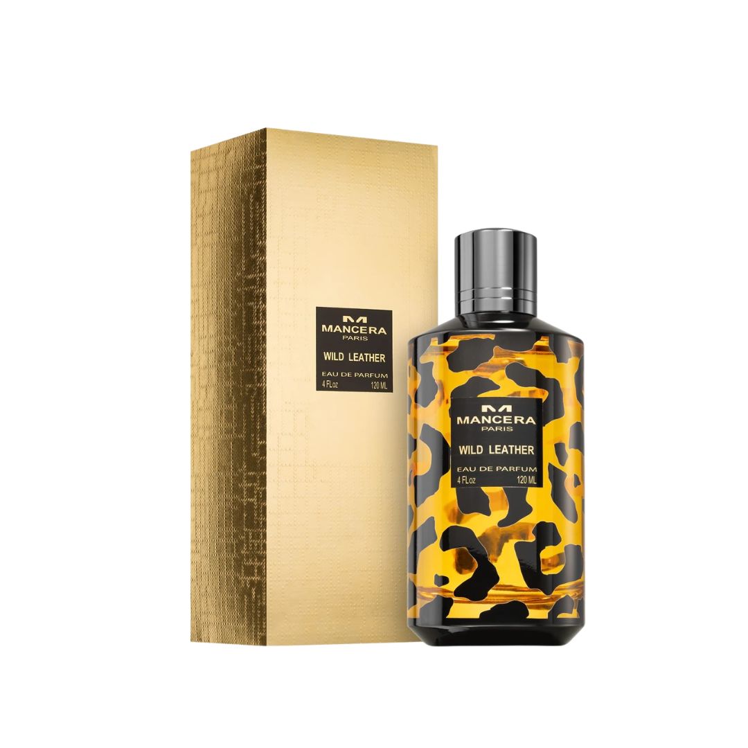 Mancera Wild Leather 120ml EDP, a sleek glass bottle suggesting a rich, floral, and intensely leathery unisex fragrance.