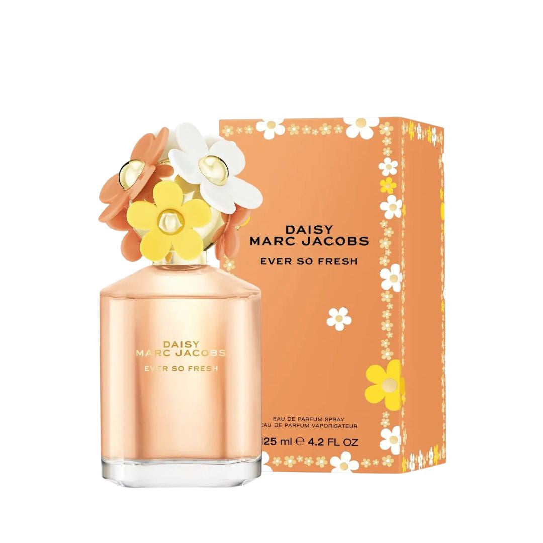 Marc Jacobs Daisy Ever So Fresh 125ml EDP, a round bottle with a large daisy flower cap and a sunny yellow liquid, suggesting a fresh, fruity, and joyful feminine fragrance