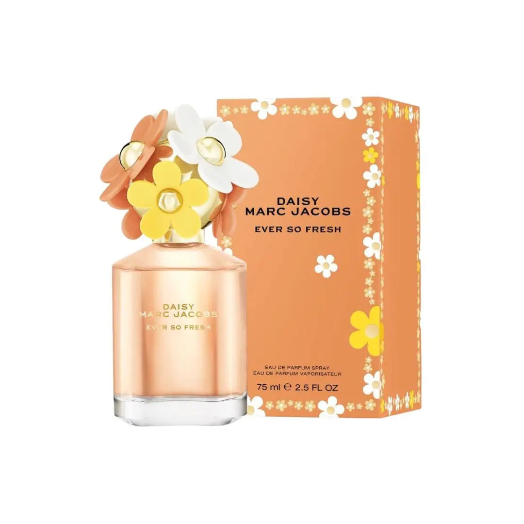 Marc Jacobs Daisy Ever So Fresh 75ml EDP, a round bottle with a large daisy flower cap and a sunny yellow liquid, suggesting a fresh, fruity, and joyful feminine fragrance