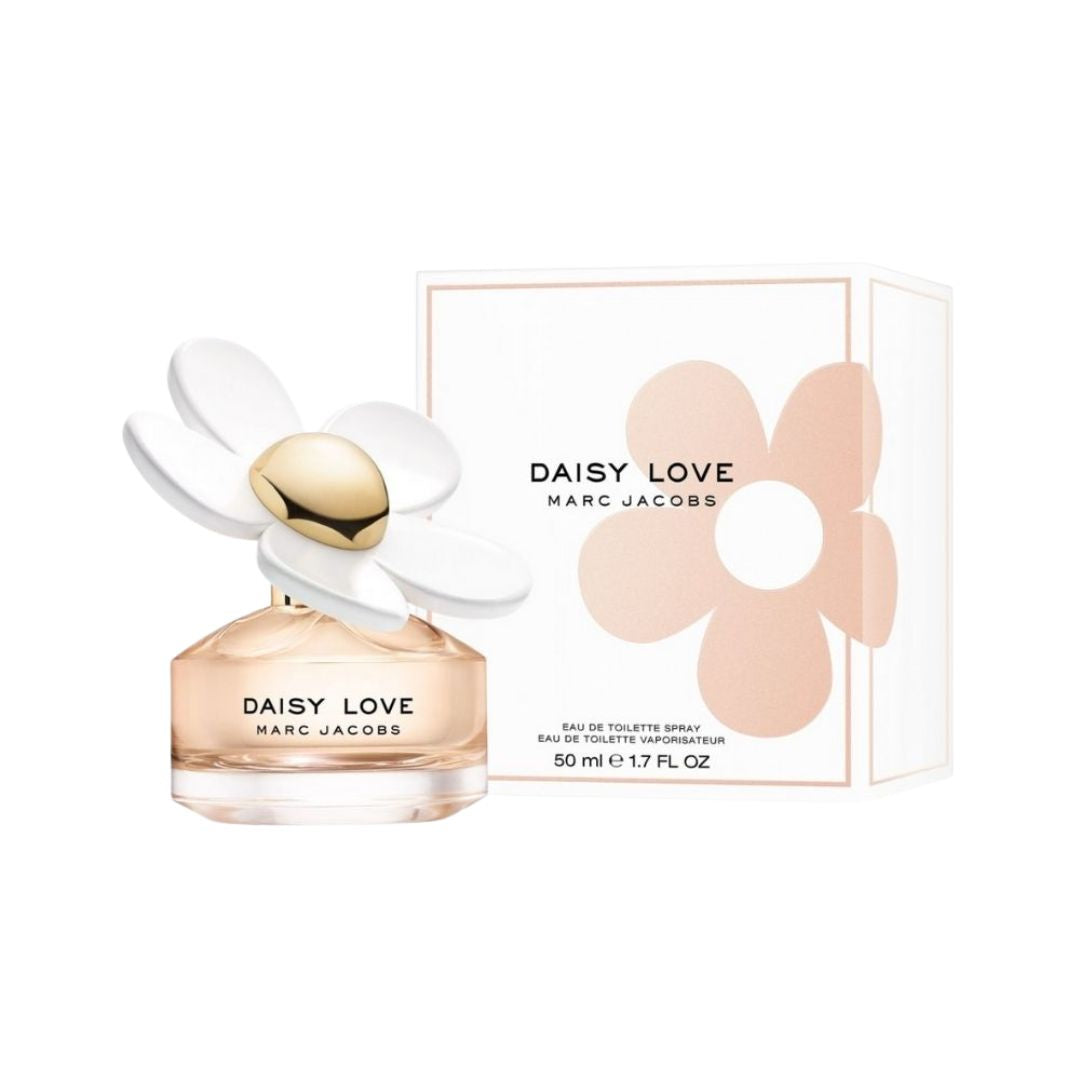 Marc Jacobs Daisy Love 50ml EDT, a round bottle with a large daisy flower cap, suggesting a sweet, fresh, and youthful feminine fragrance