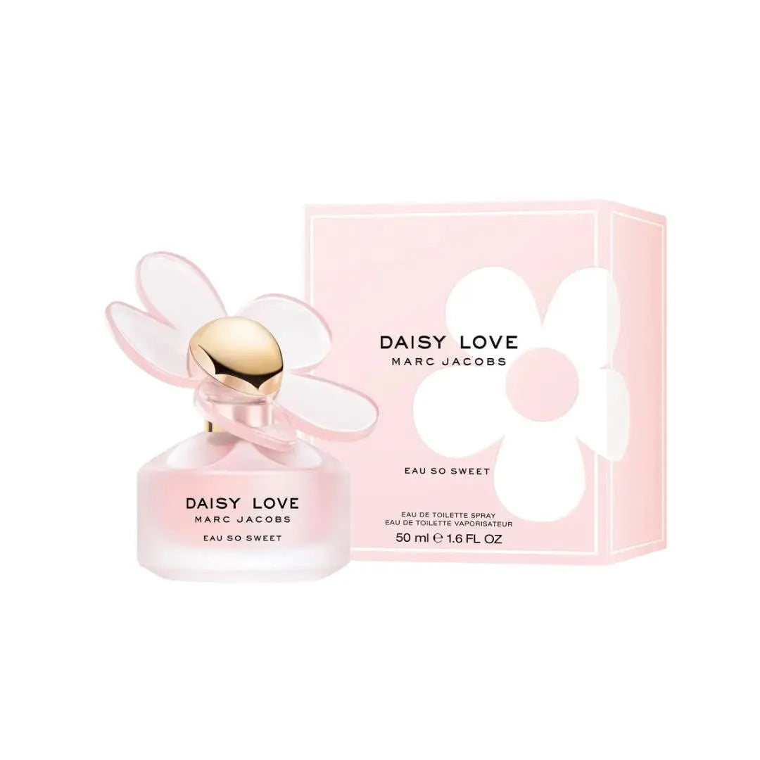 Marc Jacobs Daisy Love Eau So Sweet 50ml EDT, a round bottle with a large pink daisy flower cap, suggesting a sweet, fruity-floral, and gourmand feminine fragrance