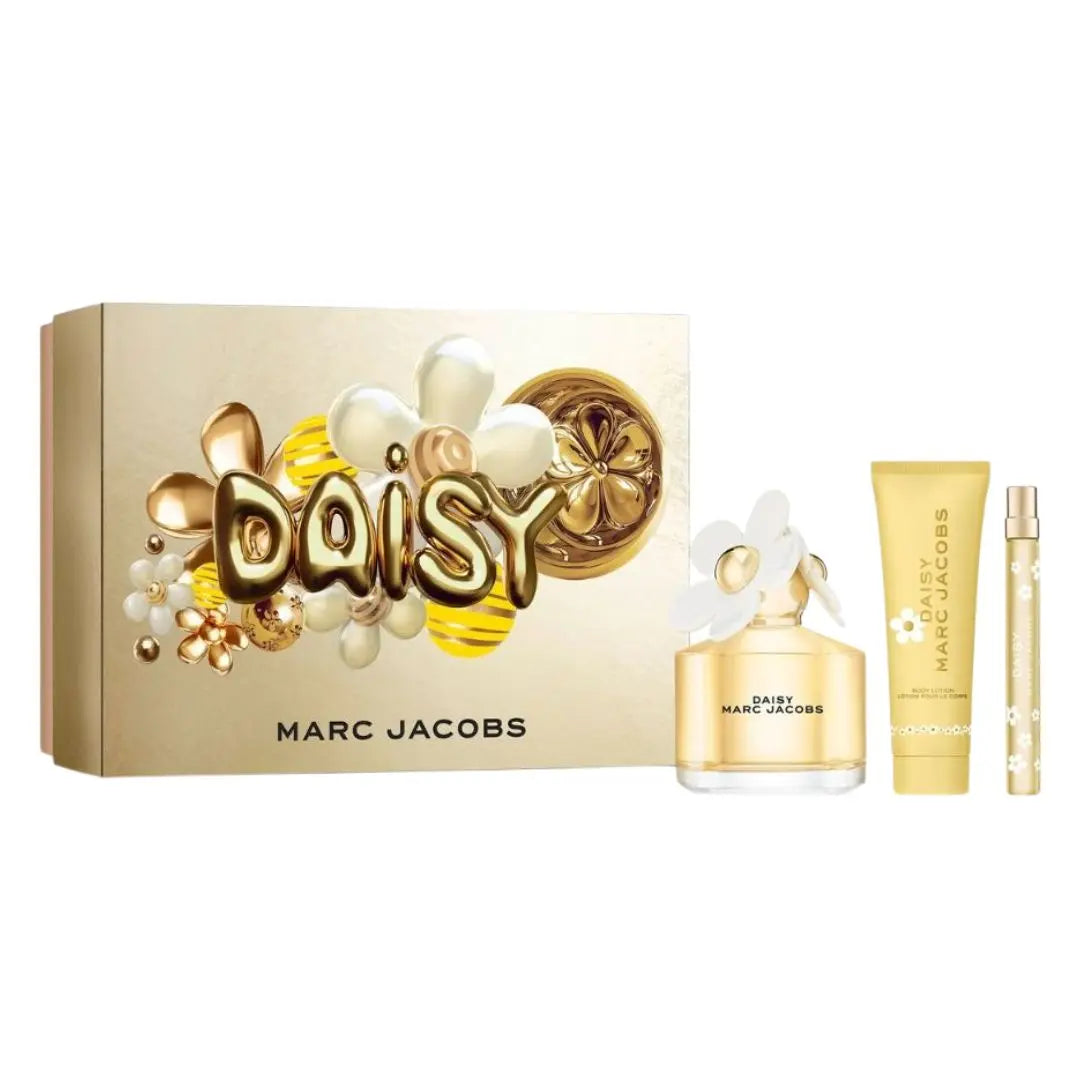 Marc Jacobs Daisy EDT 100ml 3 piece perfume set with gold packaging on a white background