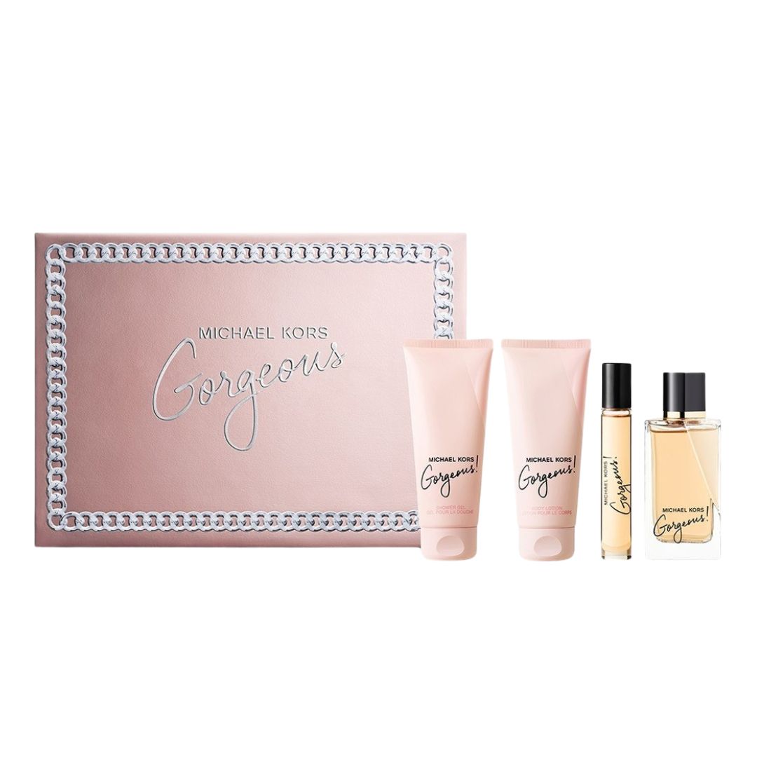 Michael Kors Gorgeous 100ml EDP 4pc Gift Set, featuring the iconic bottle, body lotion, shower gel, and travel spray in a luxurious gift box.